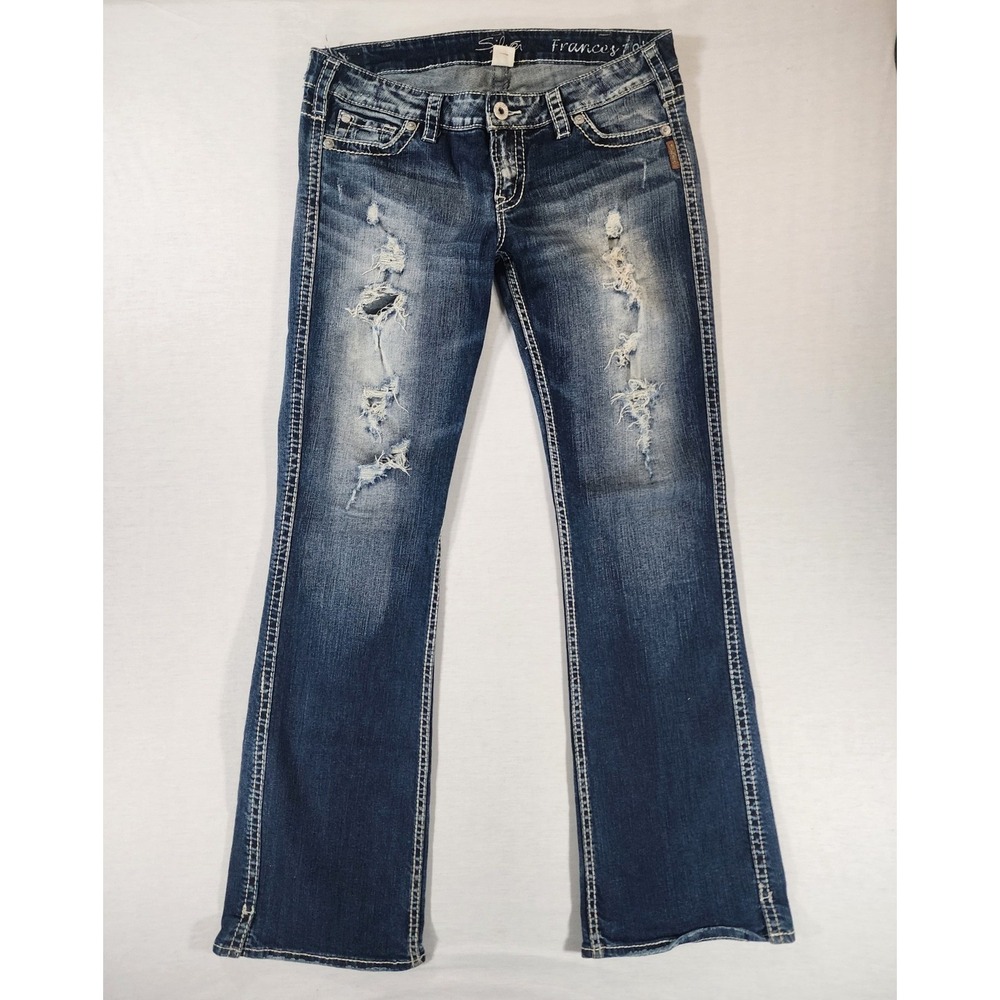 Silver Jeans Frances 18" Women 31x33 Bootcut Blue Distressed Thick Stitch Denim